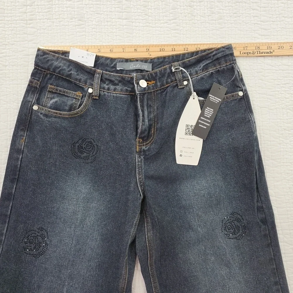 Cali 1850 Jeans Womens 9/29 Medium Wash Rhinestones NEW Wide Leg Relaxed NWT‎